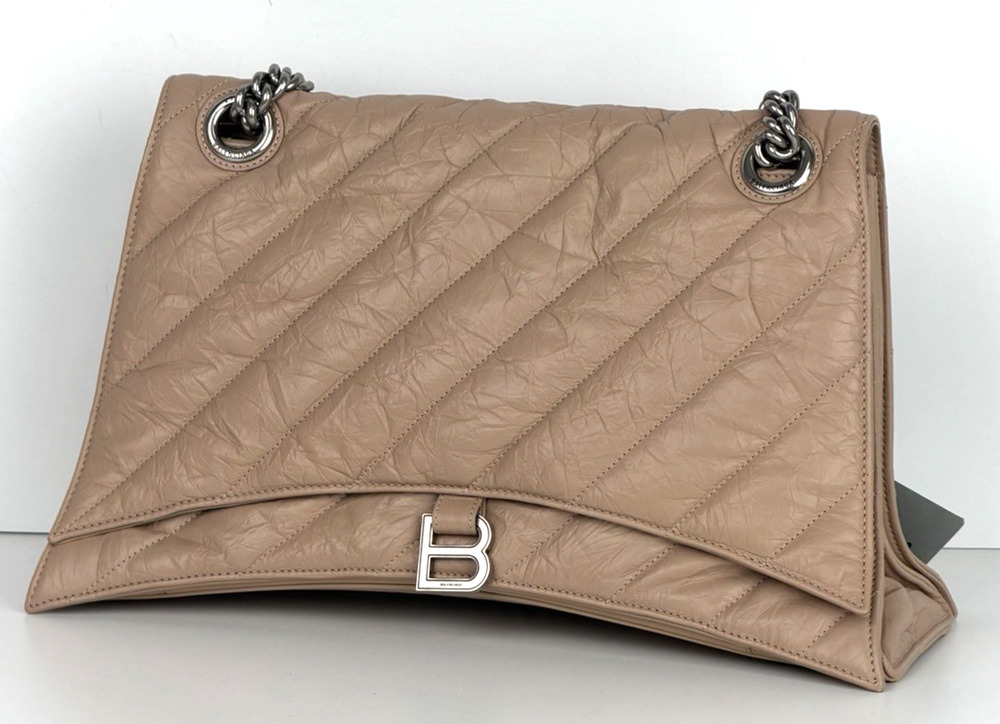 Balenciaga Large Crush Quilted Leather Chain Shoulder Bag Light Beige E7